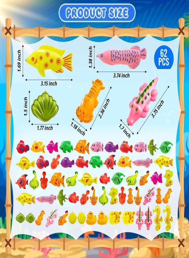 LHSYFBZ 62Pcs Magnetic Fishing Game for Kids, Bathtub Kiddie Party Toy, Plastic Floating Fish with Pole Rod Net, Bath Toys for Kids Ages 4-8 - Image 3